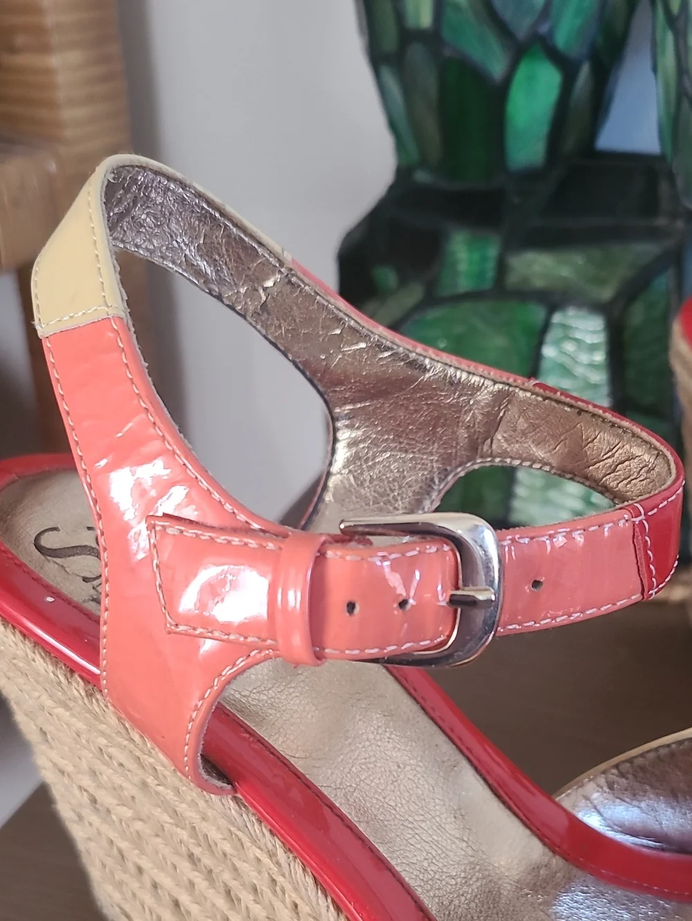 Söfft Patent Leather Red Orange & Beige Colorblock Espadrille Wedges Size 9.5